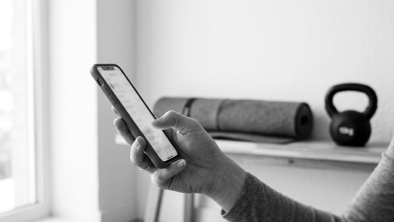 Close-up of a hand holding a phone in portrait, thumb mid-scroll, in a bright minimal living room with fitness equipment softly blurred