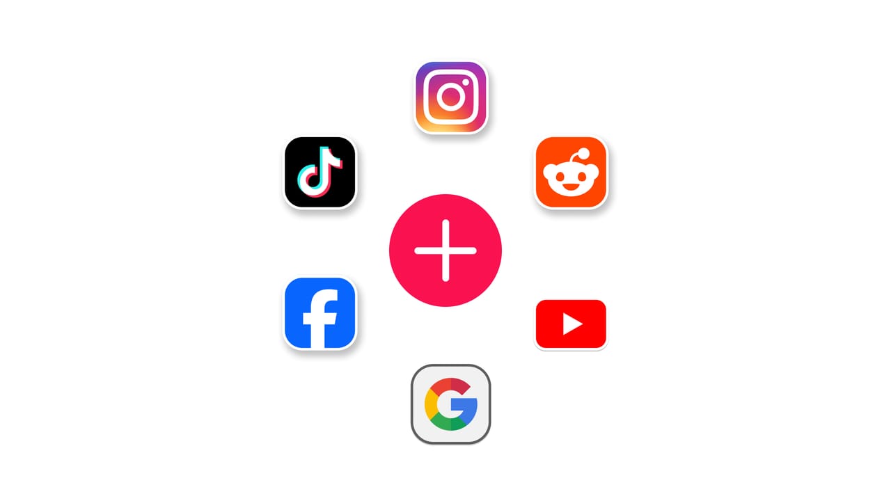 TikTok, Instagram, YouTube, Facebook and Reddit icons arranged around a plus sign