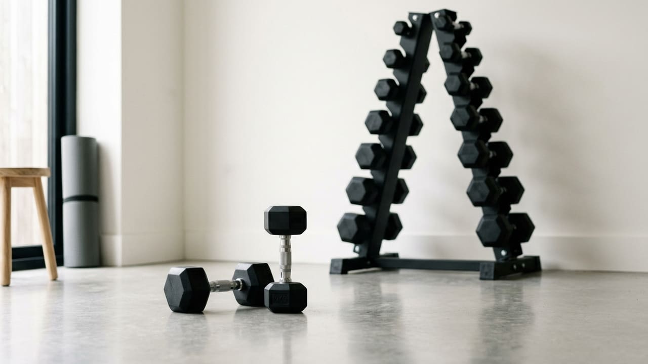 A vertical rack of black hexagonal dumbbells with one pair resting on a concrete gym floor