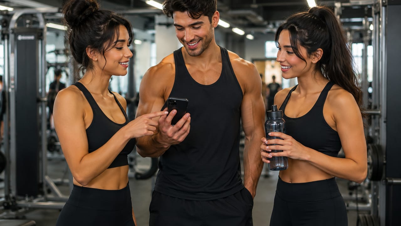 Three friends in a gym looking at a workout on a phone