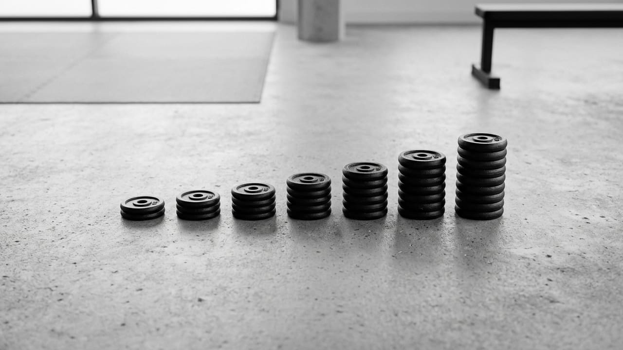 Stacks of black weight plates arranged in a rising bar chart on concrete