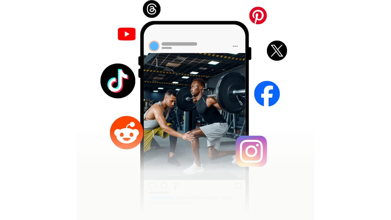 Phone showing a saved gym workout video surrounded by TikTok, Instagram, YouTube, Pinterest and Reddit icons