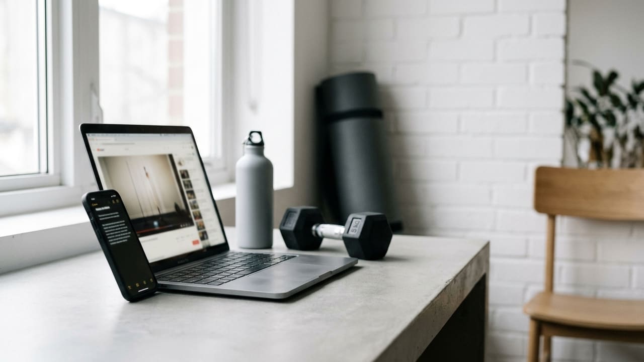 A phone propped against a laptop on a desk beside a dumbbell and a water bottle in a clean home workout space