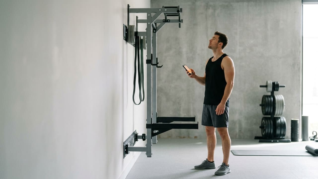 A person in dark training clothes in a home gym holding a phone at chest height and looking up at a rack