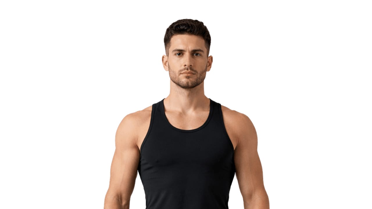 Man in a black tank top facing the camera in a gym