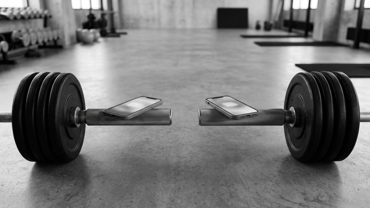 Two phones balanced on barbell sleeves in an empty gym