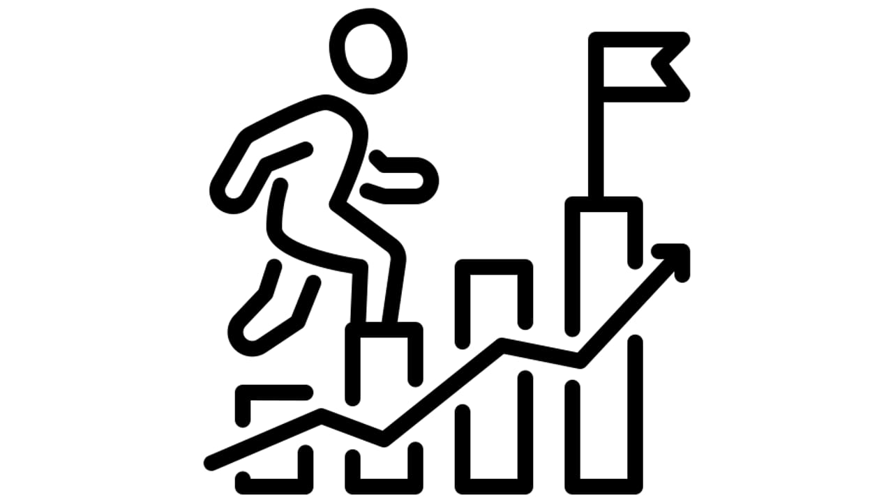 Illustration of a figure climbing steps towards a flag beside a rising chart