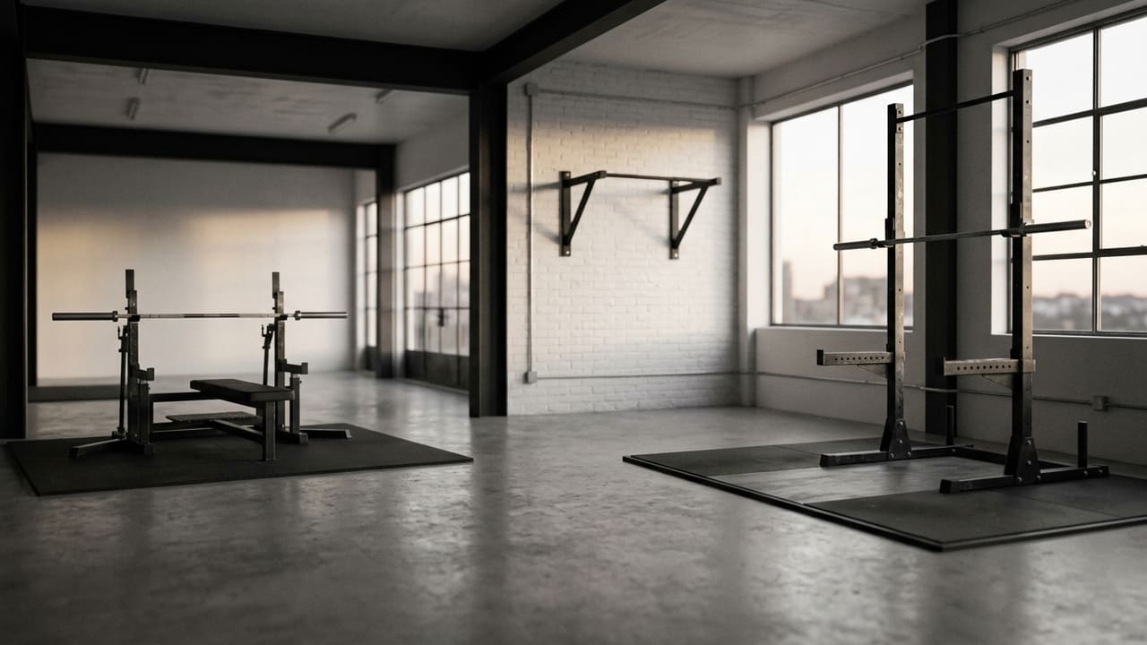 A wide gym interior at golden hour with three distinct zones visible: a bench press, a pull-up bar, and a squat rack